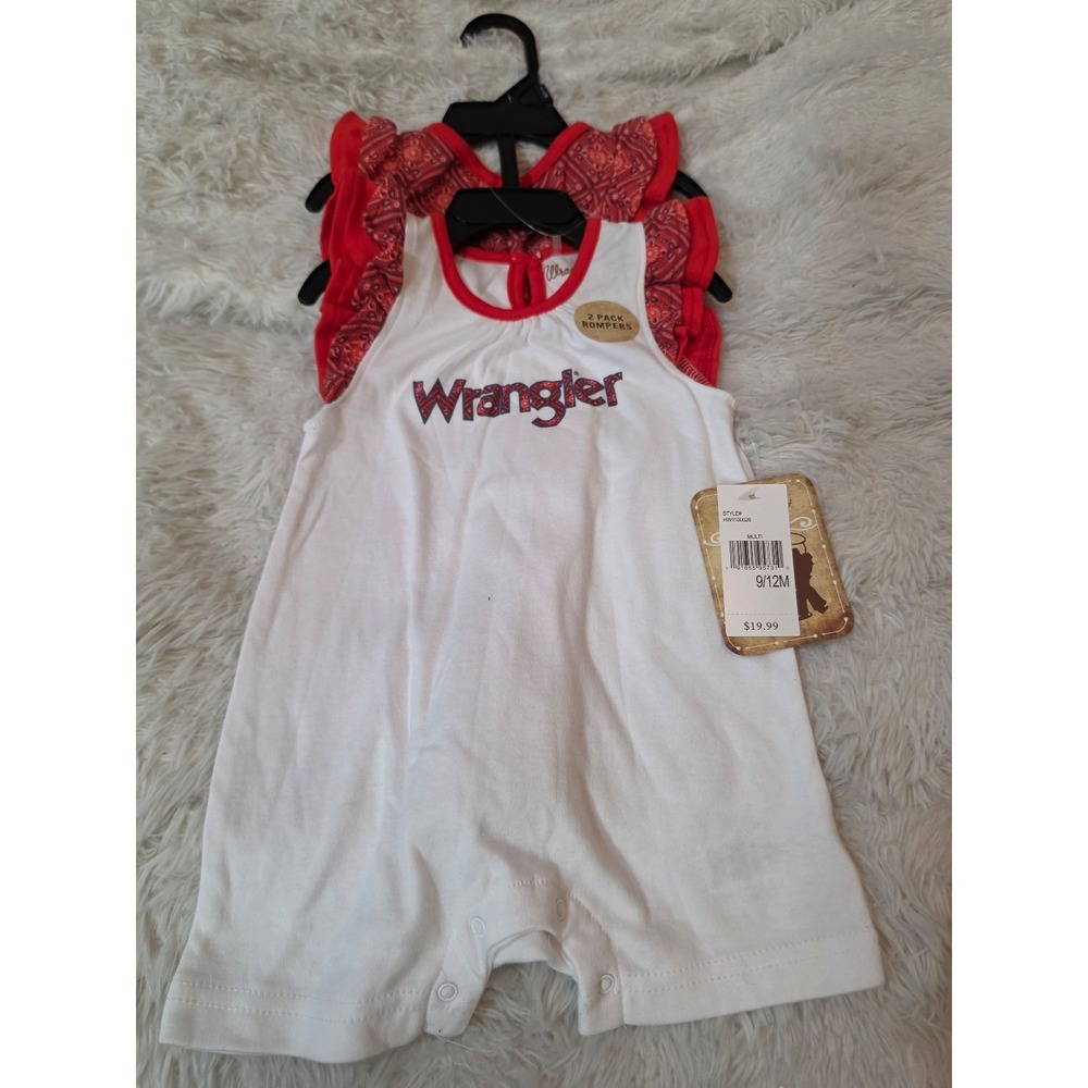 Wrangler Baby Girls 2-Pack Flutter Sleeve Rompers Red White HW1100026 9-12M